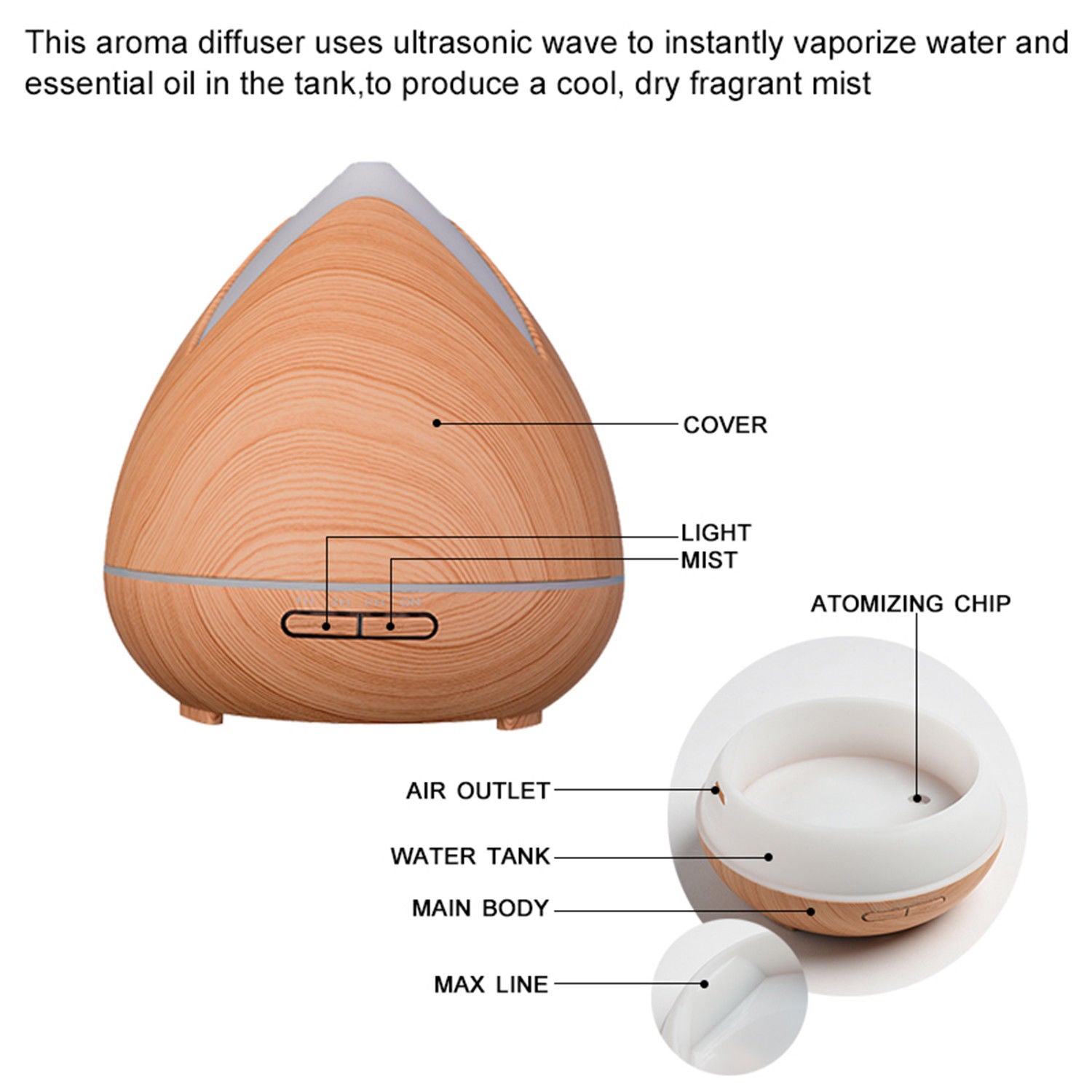 Essential Oils Ultrasonic Aromatherapy Diffuser Air Humidifier Purify 400ML - Light Wood