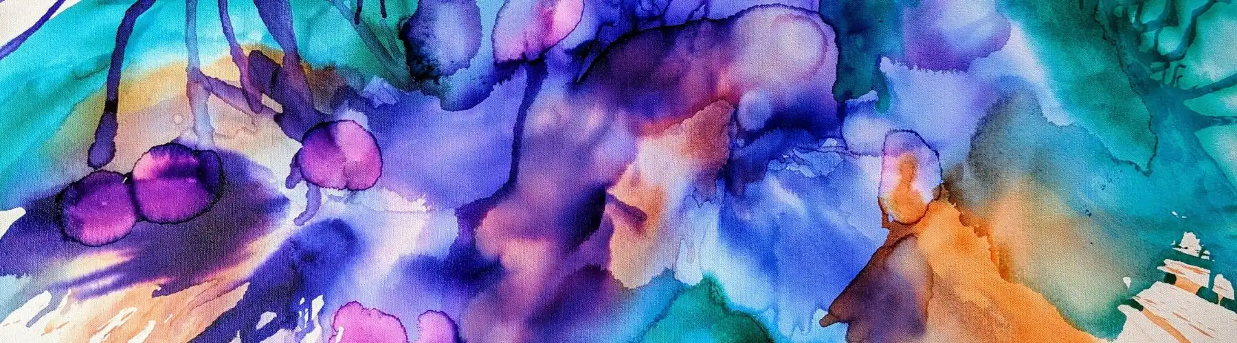 Abstract watercolor painting with swirling purple, blue, orange and teal hues.