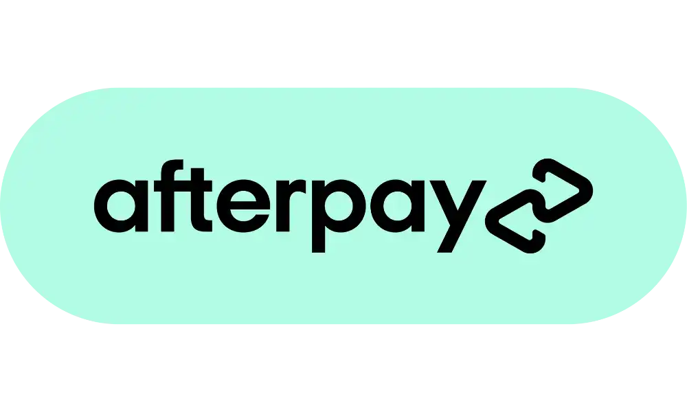 Black Afterpay logo on a mint green background.