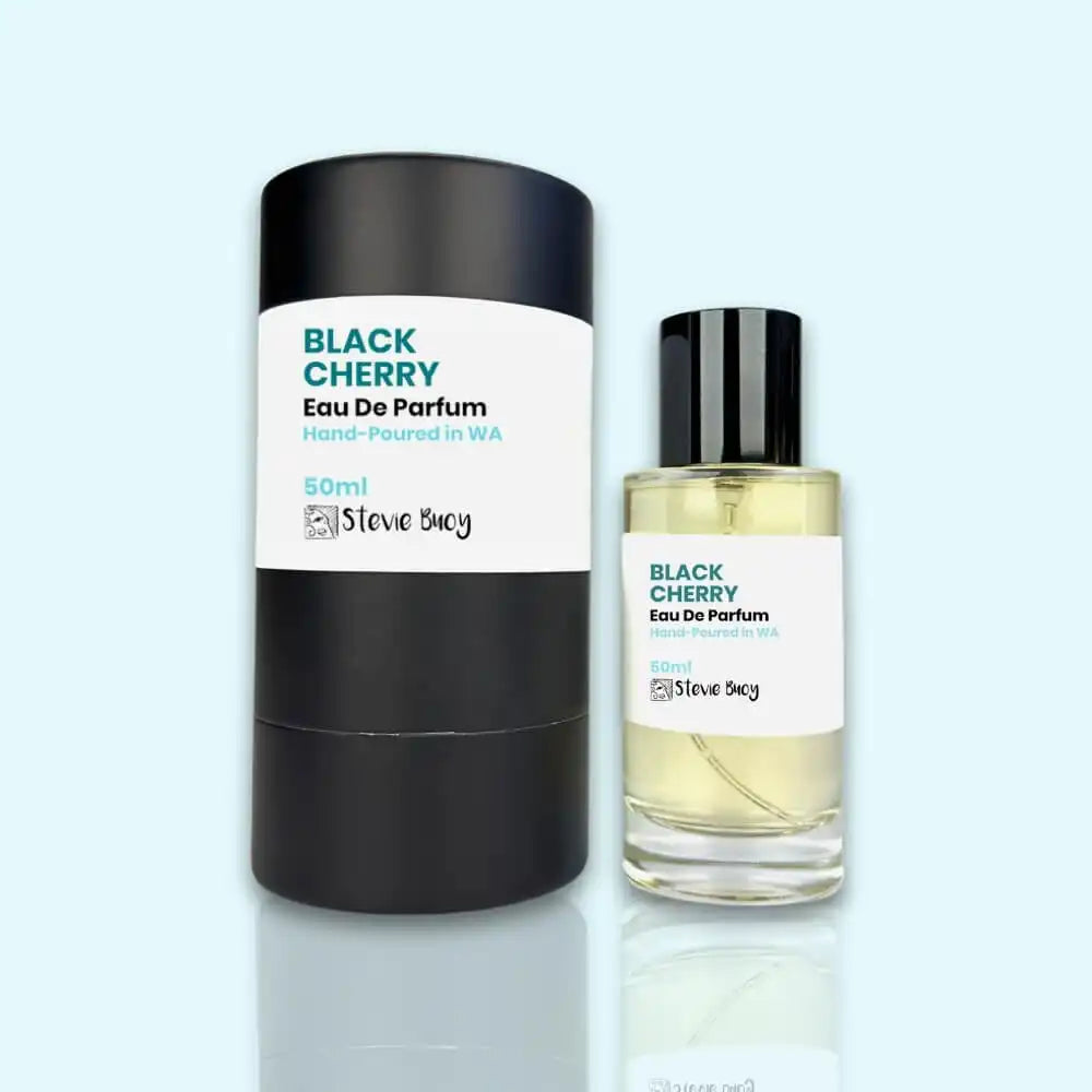 Black cherry perfume bottle and container.