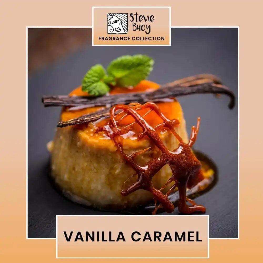 A caramel-drizzled vanilla custard topped with vanilla beans and mint leaves.