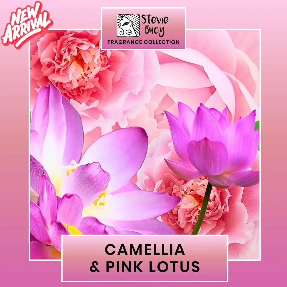 Pink and purple floral fragrance collection featuring camellia and lotus flowers.