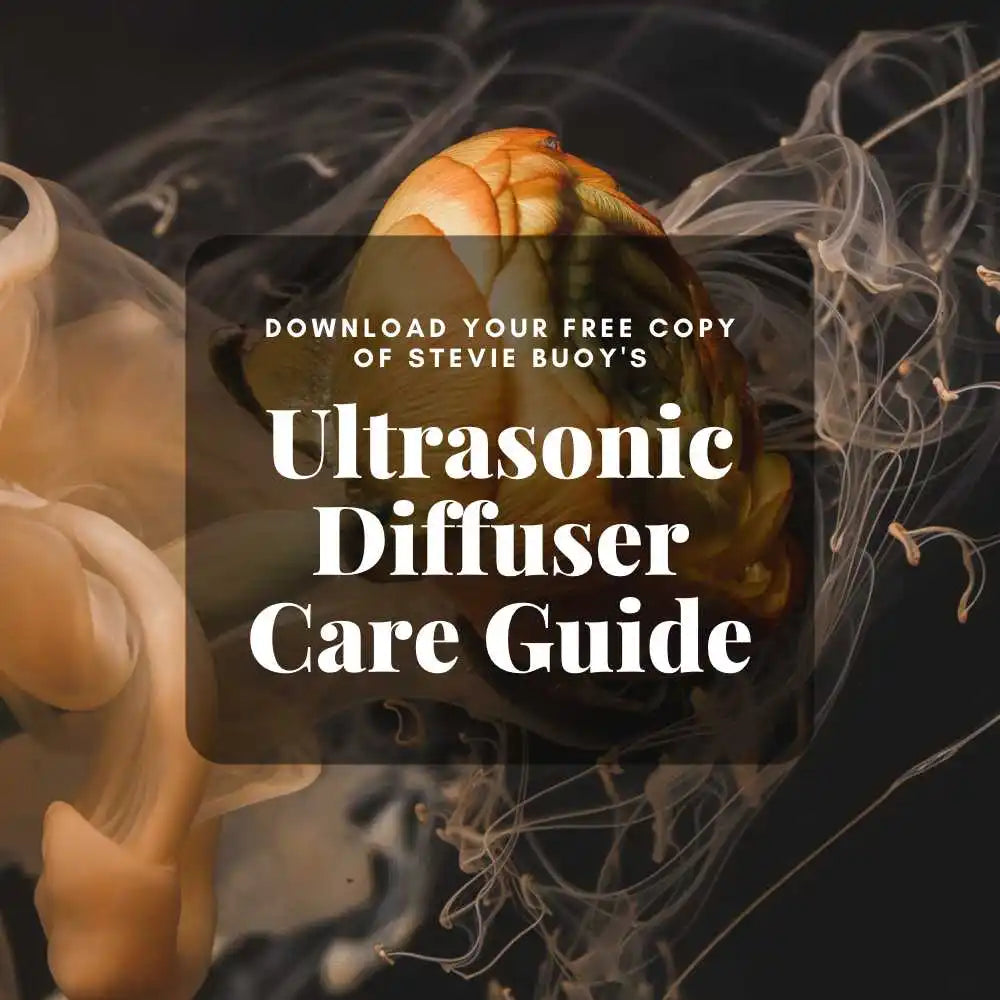 Promotional graphic for a downloadable ultrasonic diffuser care guide with wispy smoke effects.